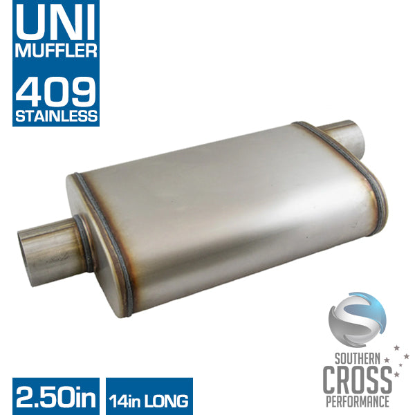 2.50" 9in x 4in Oval Muffler 14in Long 409 Stainless Steel Muffler SCPM7750-409